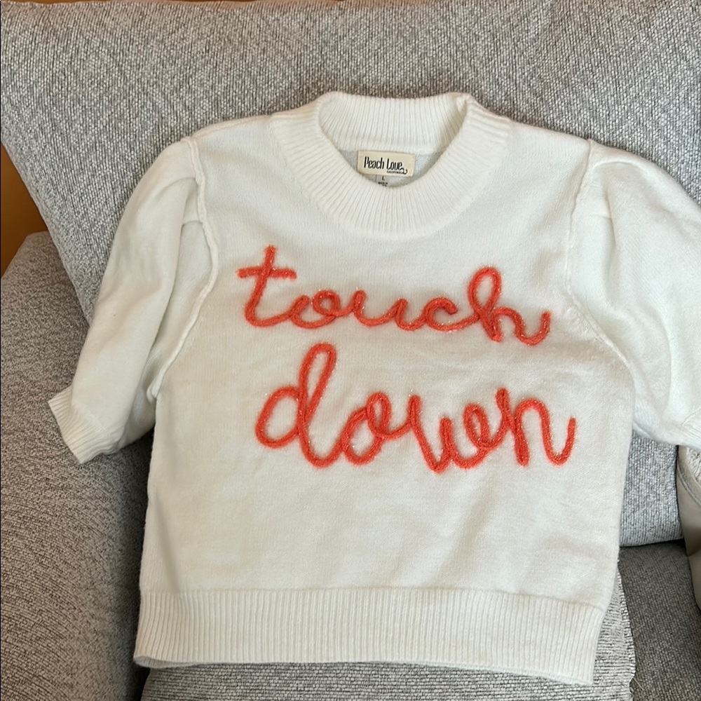 Peach Love California White Sweater with Red Touchdown Script